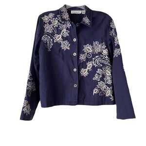 New Direction Cotton Jacket, Sz. M, Navy w/ Embroidery & Sequins, Very Pretty
